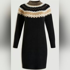 Ann Taylor Black and Tan Geometric Long Sleeve Sweater Dress